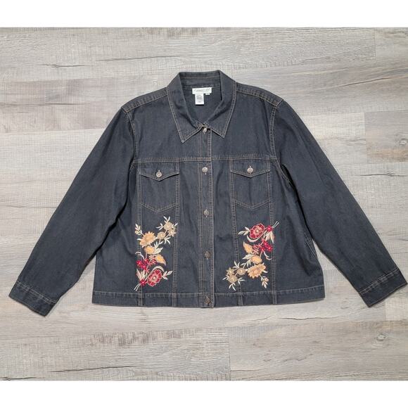 Coldwater Creek Embroidered Floral Denim Jean Jacket Plus Size 2X Black Classic - Picture 1 of 7